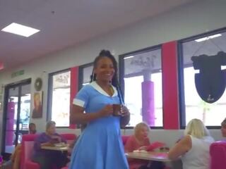 Slutty waitress gives a sloppy bukkake to her new customer