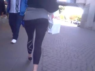 Super MILF with Bubble Butt in Black Leggings and Heels Walking 1