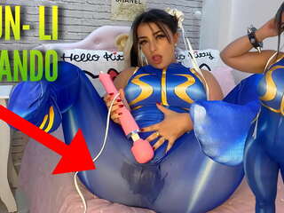 Charming cosplay adolescent dressed as Chun Li from street fighter playing with her htachi vibrator cumming and soaking her panties and pants ahegao